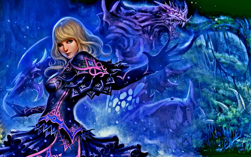 Blonde Woman with Dragon — Blue, Dramatic, Night, Digital Art, Forest