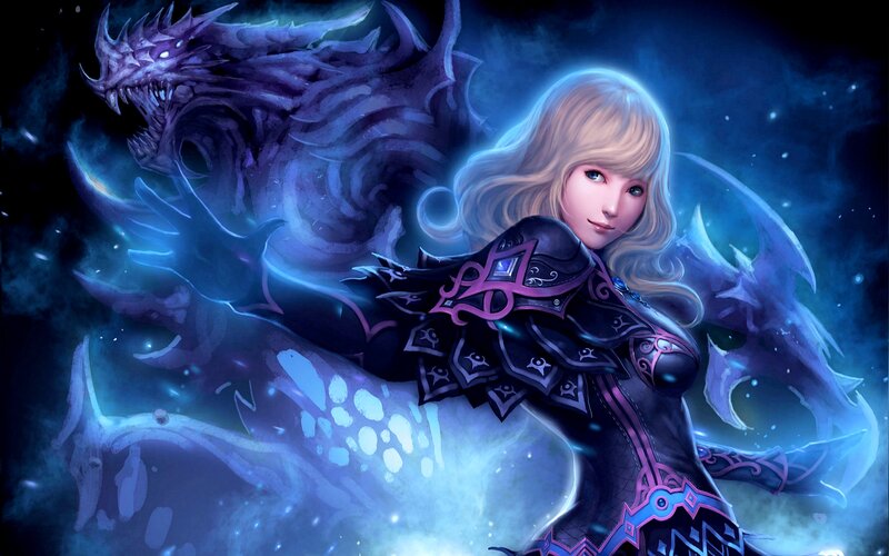 Blonde Woman with Dragon — Blue, Dramatic, Night, Digital Art