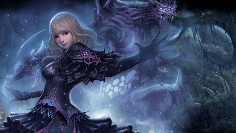 Blonde Woman with Dragon — Purple, Dramatic, Night