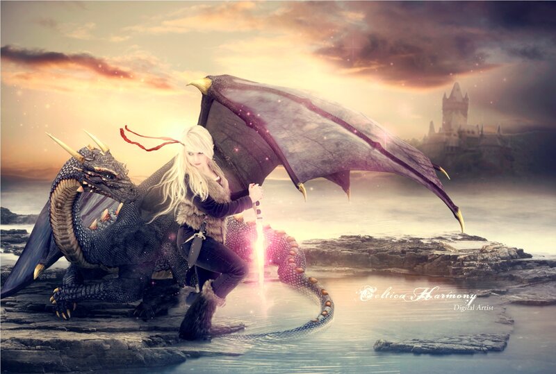 Blonde Woman with Dragon — Purple, Dramatic, Sunset