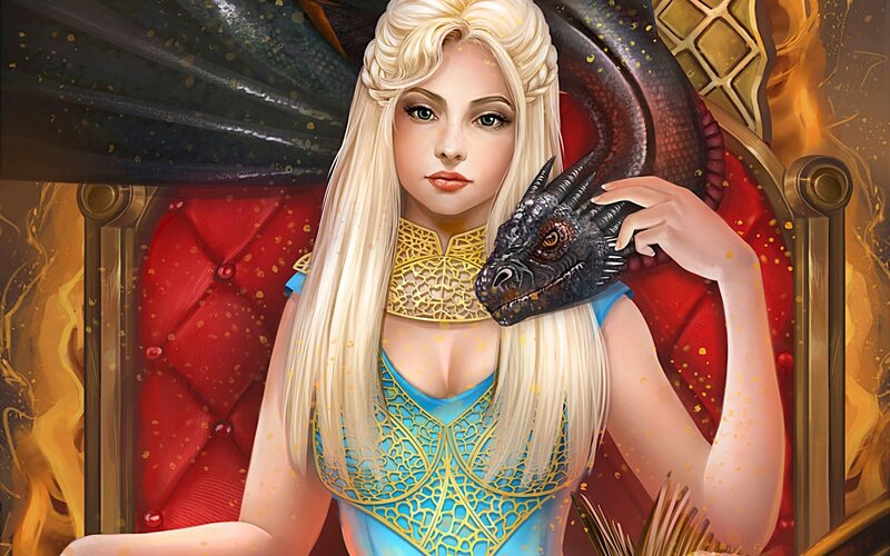 Blonde Woman with Dragon — Red, Dramatic, Digital Art