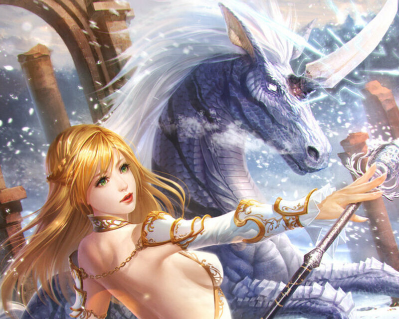 Blonde Woman with Dragon — White, Dramatic, Winter, Digital Art