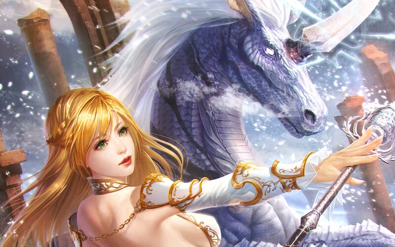 Blonde Woman with Dragon — White, Dramatic, Winter