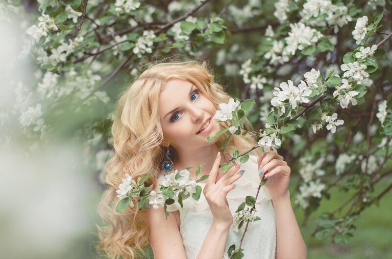 Blonde Woman with Flowers — White, Serene, Spring