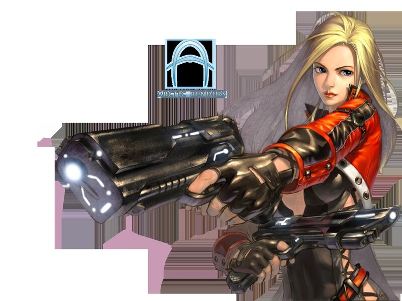 blonde woman with futuristic guns