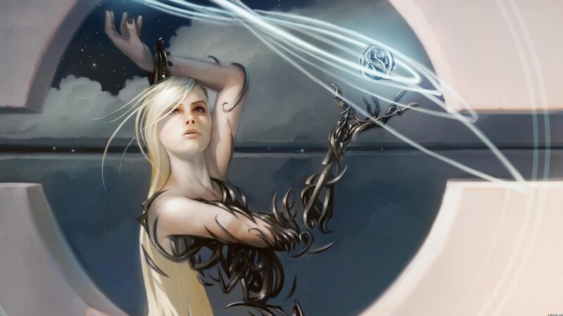 Blonde Woman with Glowing Staff — White