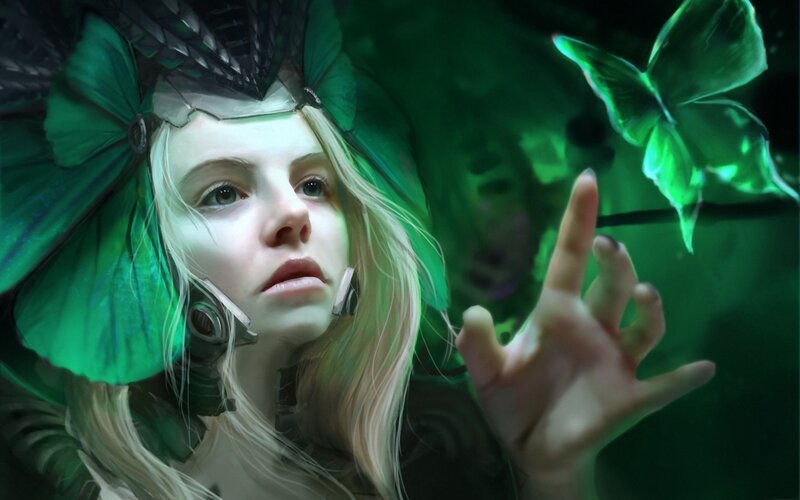 Blonde Woman with Green Wings