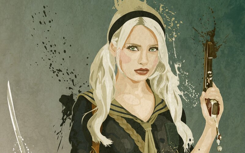 blonde woman with gun and sword