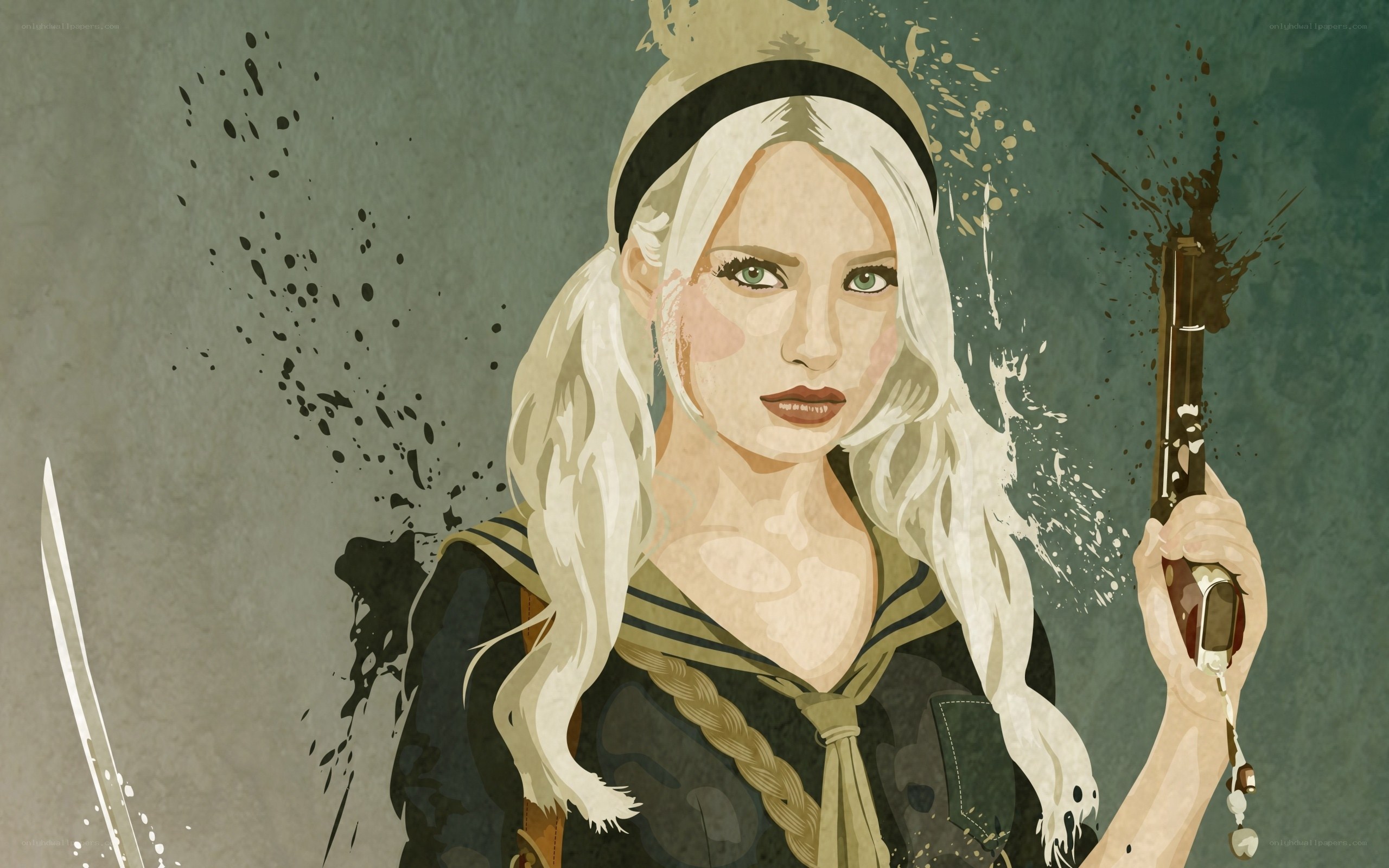 blonde woman with gun and sword