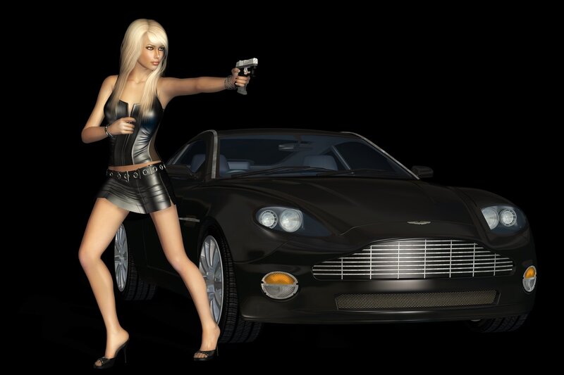Blonde Woman with Gun — Black, Dramatic, 3d Render, Car