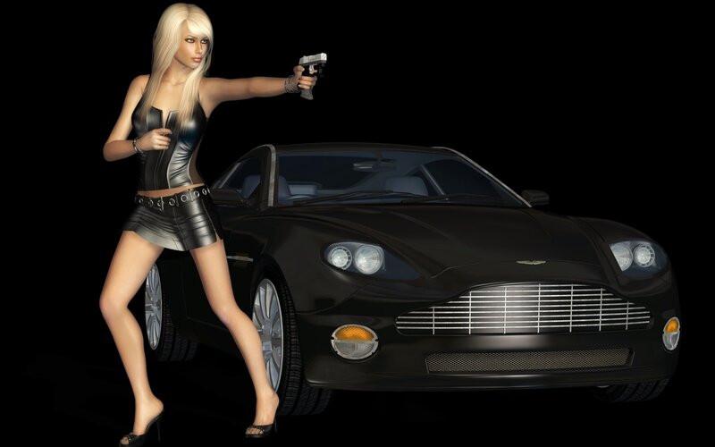 Blonde Woman with Gun — Black, Dramatic, 3d Render