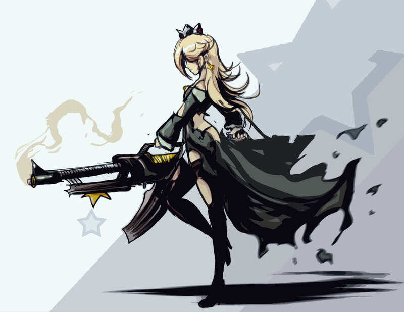 Blonde Woman with Gun — Black, Dramatic, Digital Art