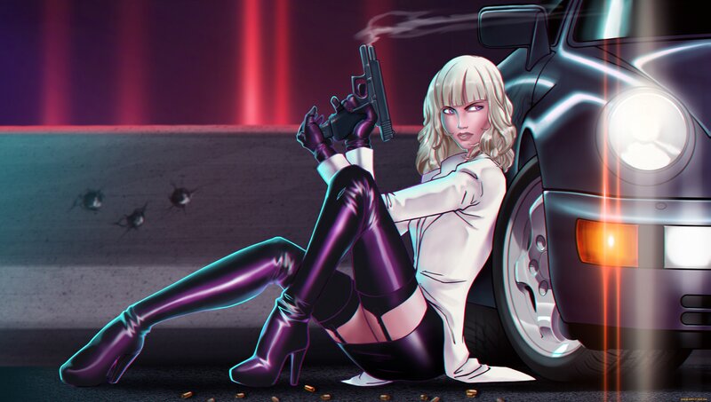Blonde Woman with Gun — Purple, Dramatic, Night