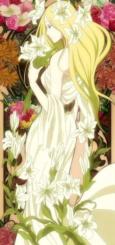 blonde woman with lilies