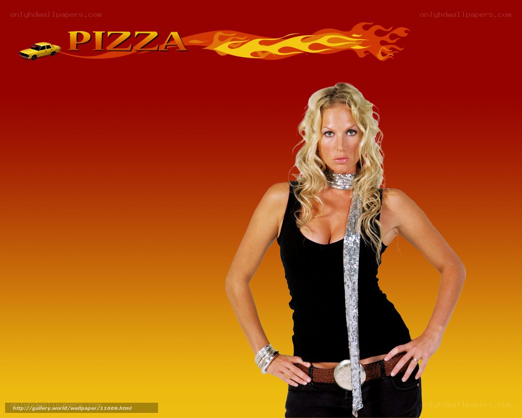 blonde woman with pizza logo