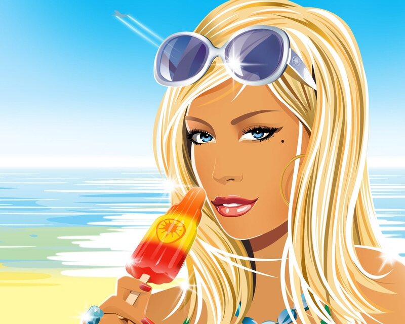 Blonde woman with popsicle at beach
