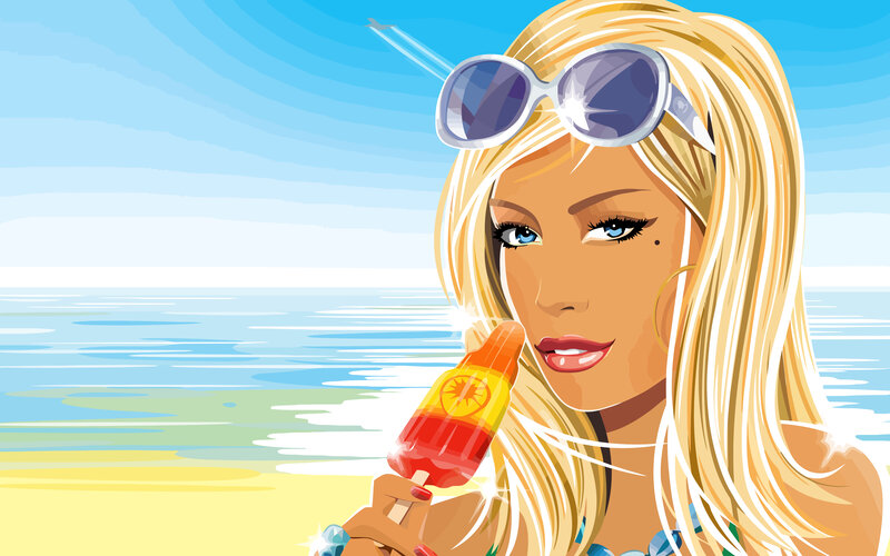 Blonde Woman with Popsicle — Blue, Relaxed, Afternoon, Illustration