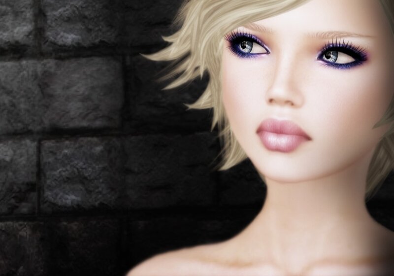 blonde woman with purple makeup