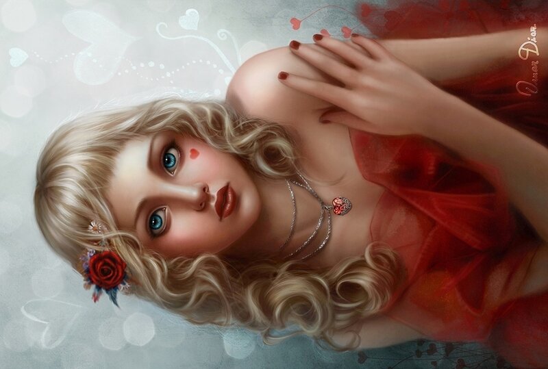 blonde woman with red dress