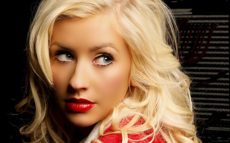 blonde woman with red lipstick