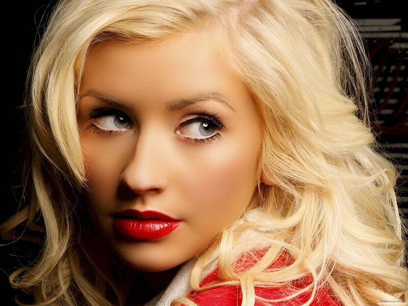 blonde woman with red lipstick