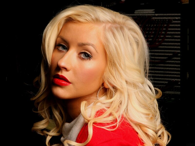 blonde woman with red lipstick