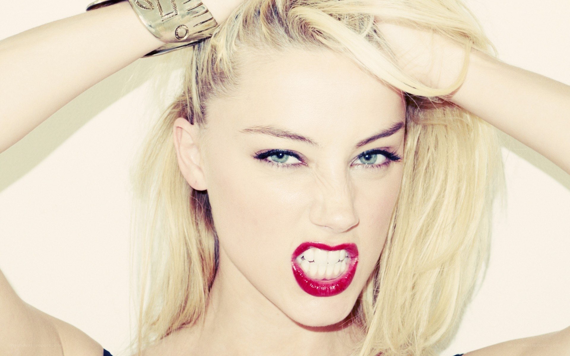 blonde woman with red lipstick