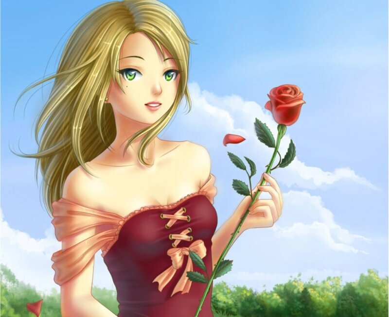 blonde woman with red rose