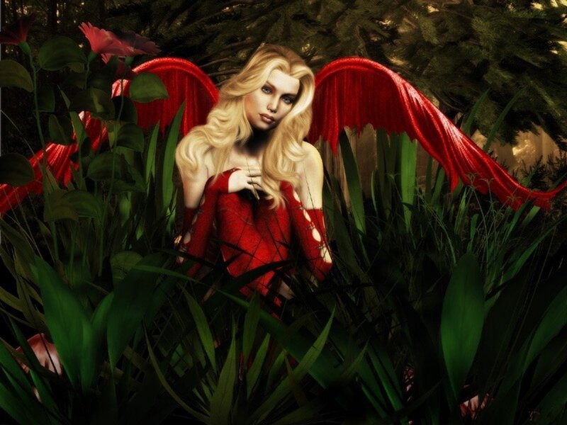 Blonde Woman with Red Wings — Dramatic
