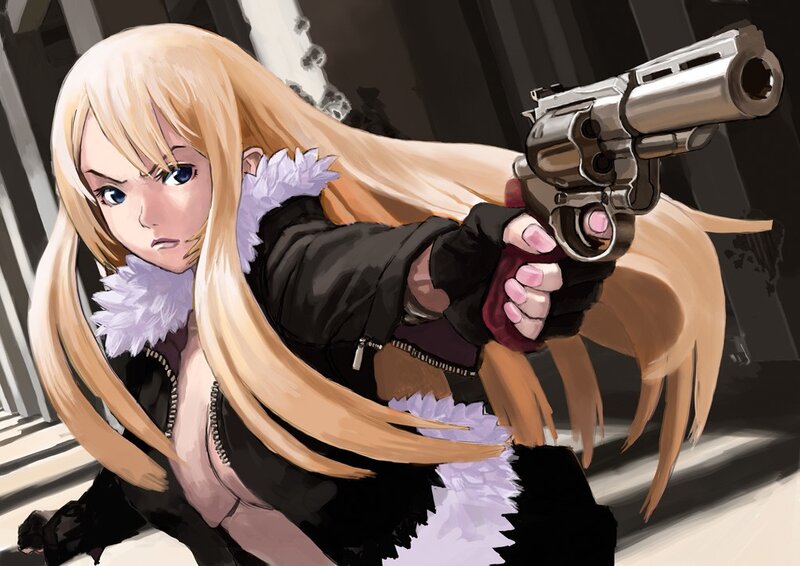 blonde woman with revolver