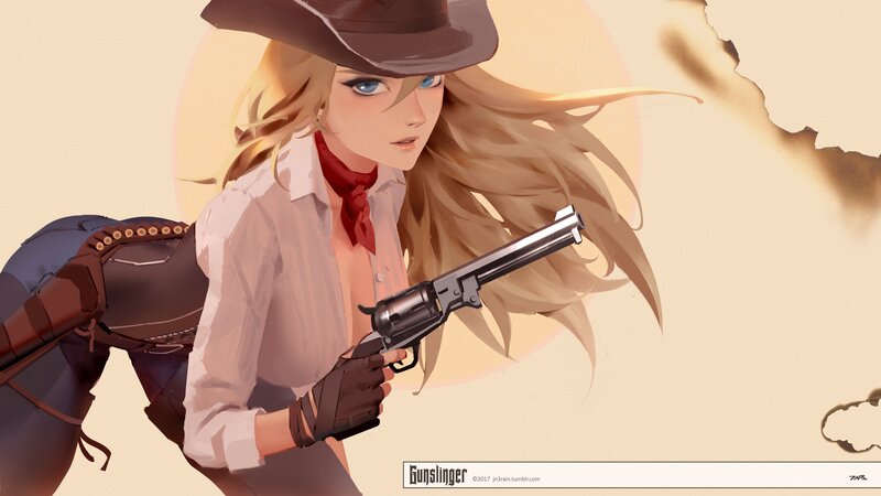 Blonde Woman with Revolver — Beige