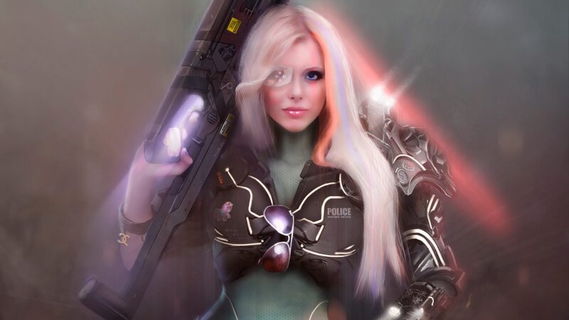 Blonde Woman with Rifle — Black, Dramatic