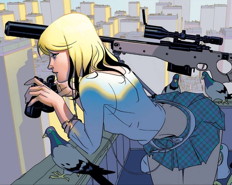 Blonde Woman with Rifle — Blue, Focused, Afternoon, Comic, Binoculars, Pigeons