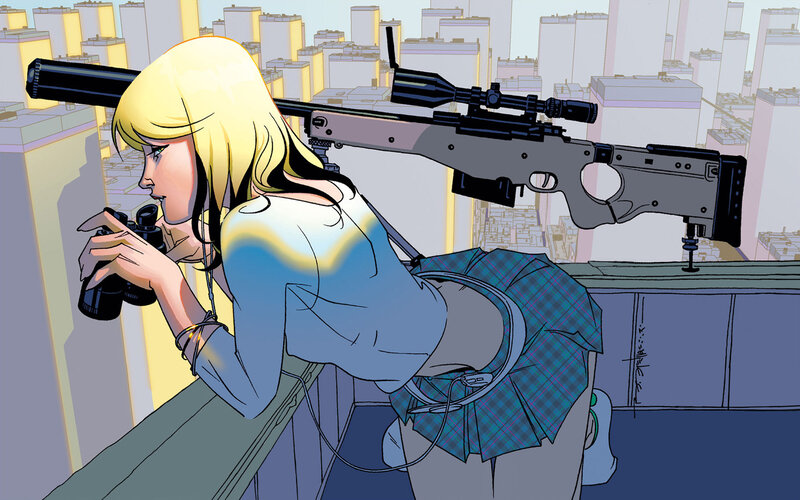 Blonde Woman with Rifle — Blue, Focused