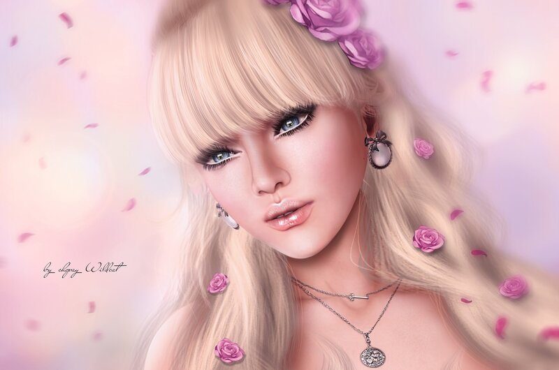 Blonde Woman with Roses — Pink, Dreamy, Digital Art