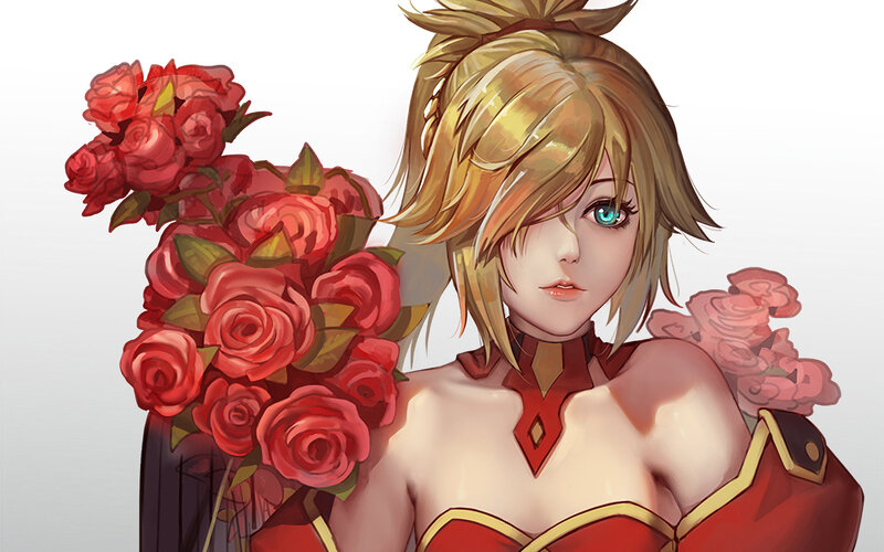 Blonde Woman with Roses — Red, Calm