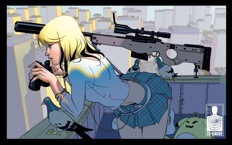 Blonde Woman with Sniper Rifle — Blue, Focused, Afternoon