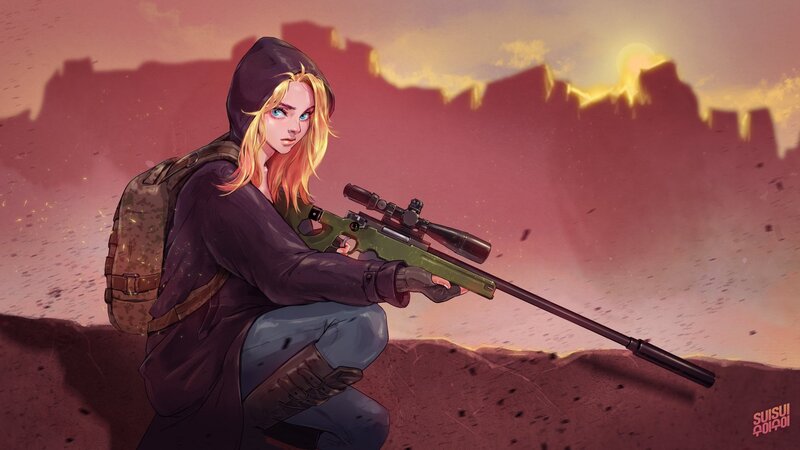 Blonde Woman with Sniper Rifle — Red