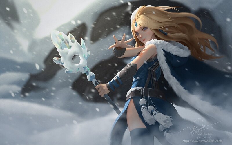 Blonde Woman with Staff — Blue, Dramatic, Winter, Digital Art, Snow, Cape