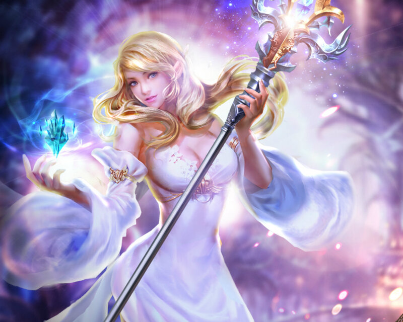 Blonde Woman with Staff — White, Dramatic