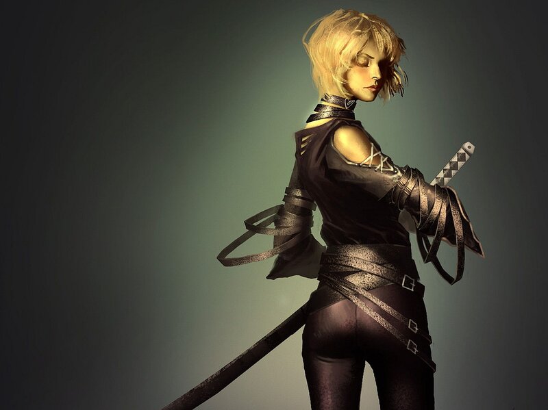 Blonde Woman with Sword — Black, Dramatic, Digital Art, Armor