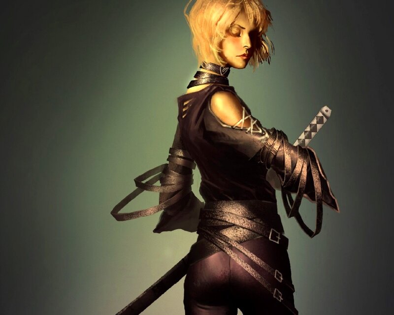 Blonde Woman with Sword — Black, Dramatic, Digital Art, Belt