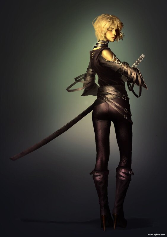 Blonde Woman with Sword — Black, Dramatic, Digital Art, Boots