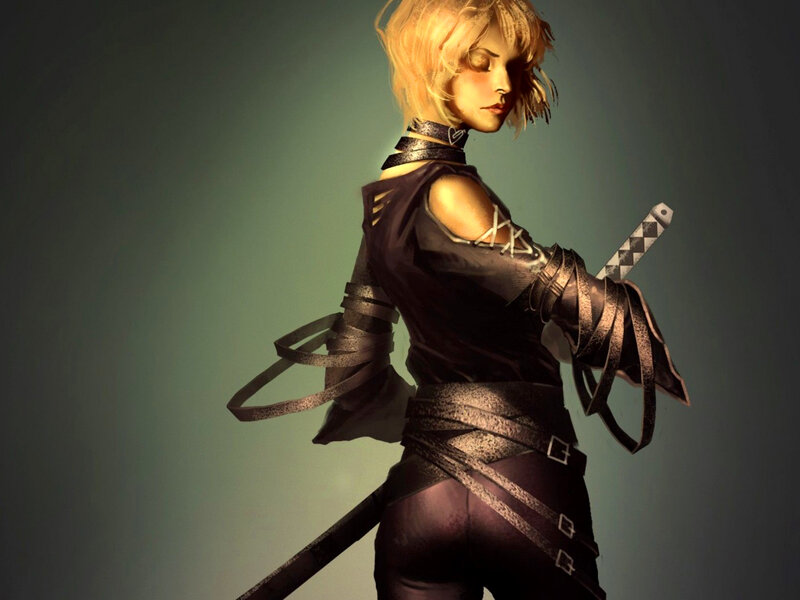 Blonde Woman with Sword — Black, Dramatic, Digital Art, Choker