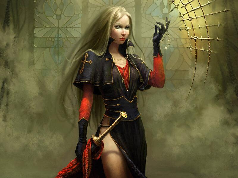 Blonde Woman with Sword — Black, Dramatic, Digital Art, Gloves