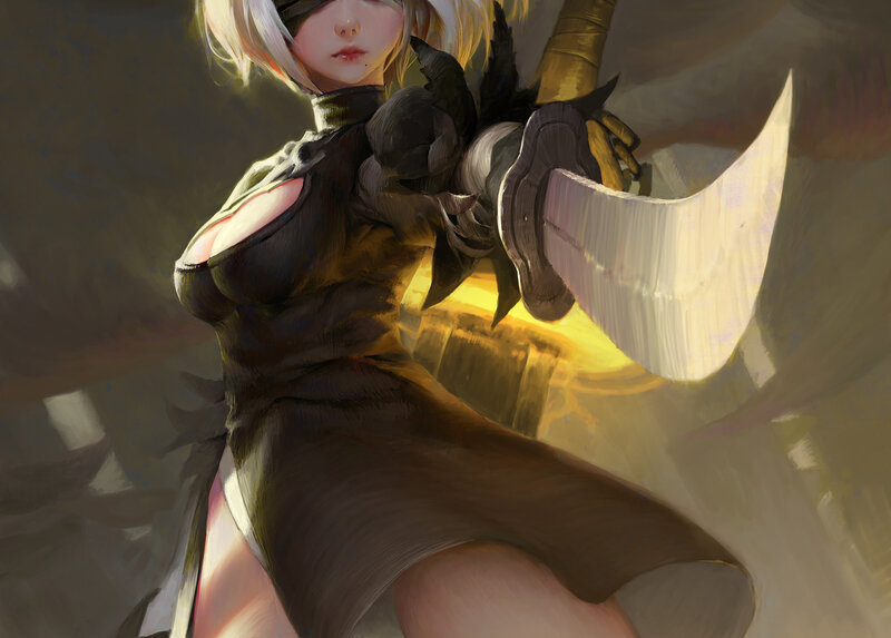 Blonde Woman with Sword — Black, Dramatic, Digital Art, Mask