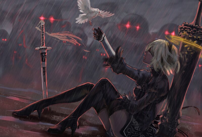 Blonde Woman with Sword — Black, Dramatic, Night, Digital Art, Dove, Rain
