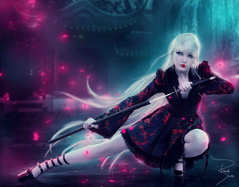 Blonde Woman with Sword — Black, Dramatic, Night, Digital Art, Long Hair