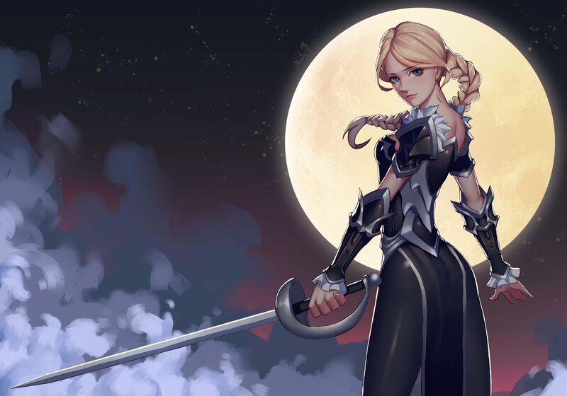 Blonde Woman with Sword — Black, Dramatic, Night, Digital Art, Moon