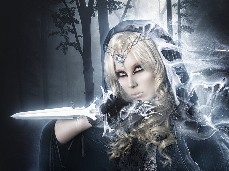 Blonde Woman with Sword — Black, Dramatic, Night, Digital Art